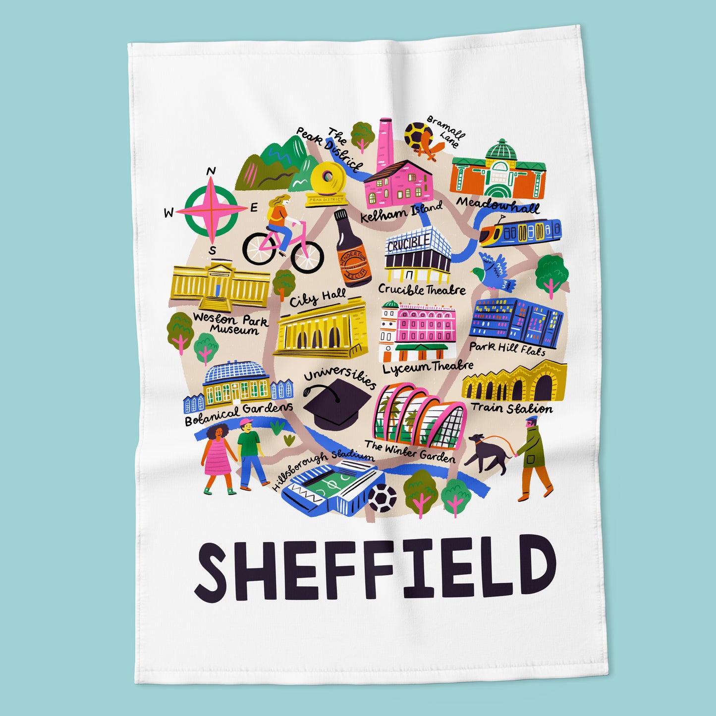 Sheffield Round City Map Tea Towel