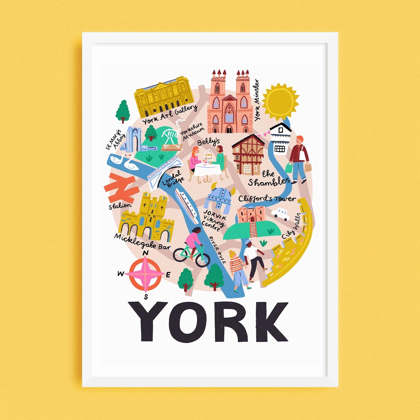 Illustrated map of York with landmarks on a yellow background