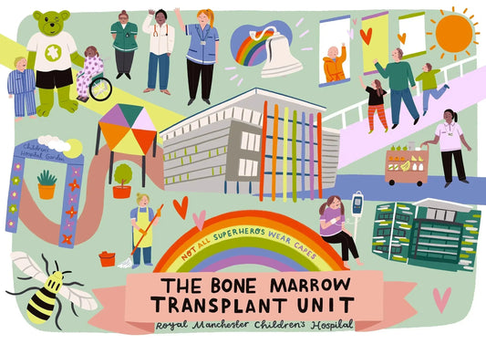 Colorful illustration celebrating patients and staff at Royal Manchester Children's Hospital Bone Marrow Transplant Unit