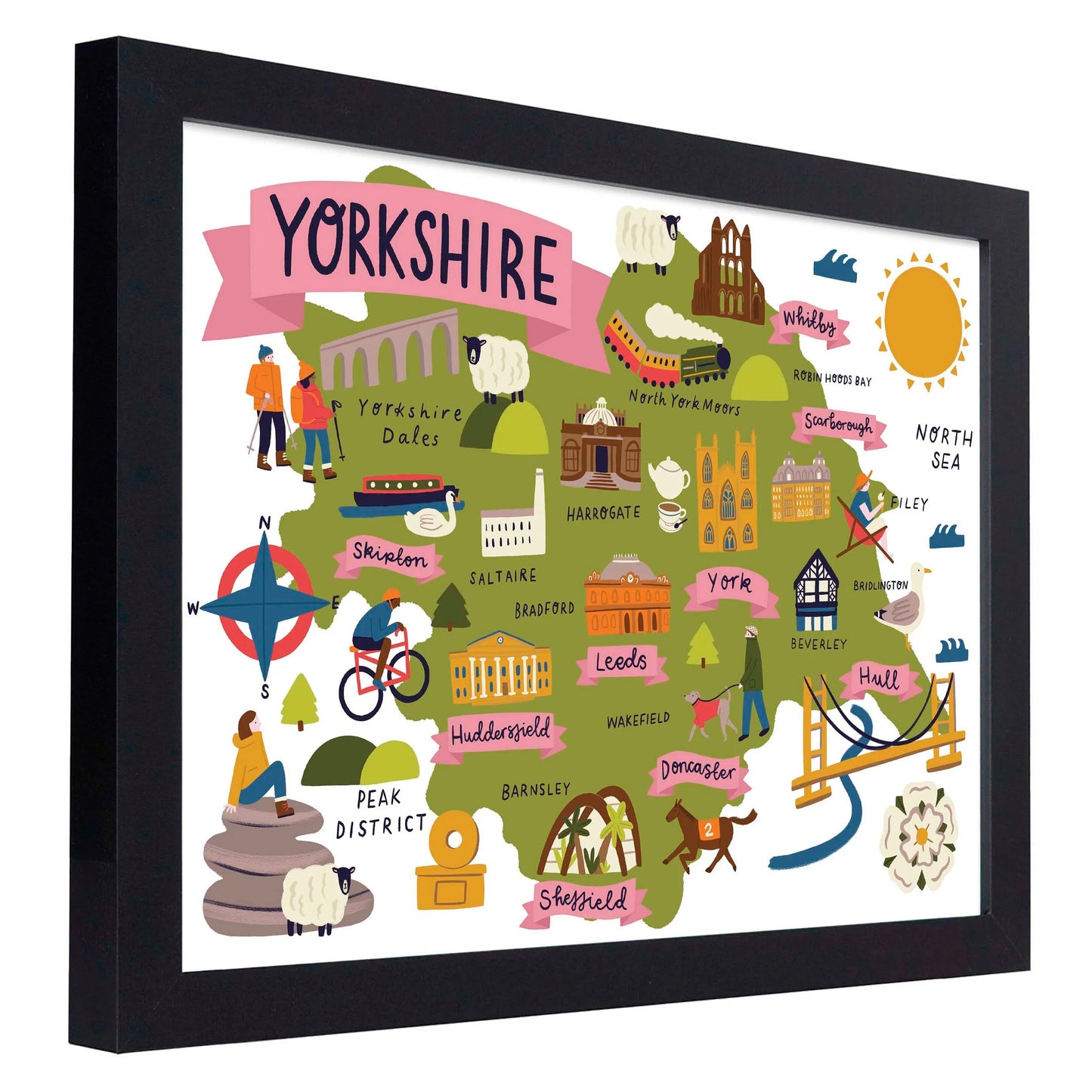 Map of Yorkshire with various landmarks and attractions, framed in black.