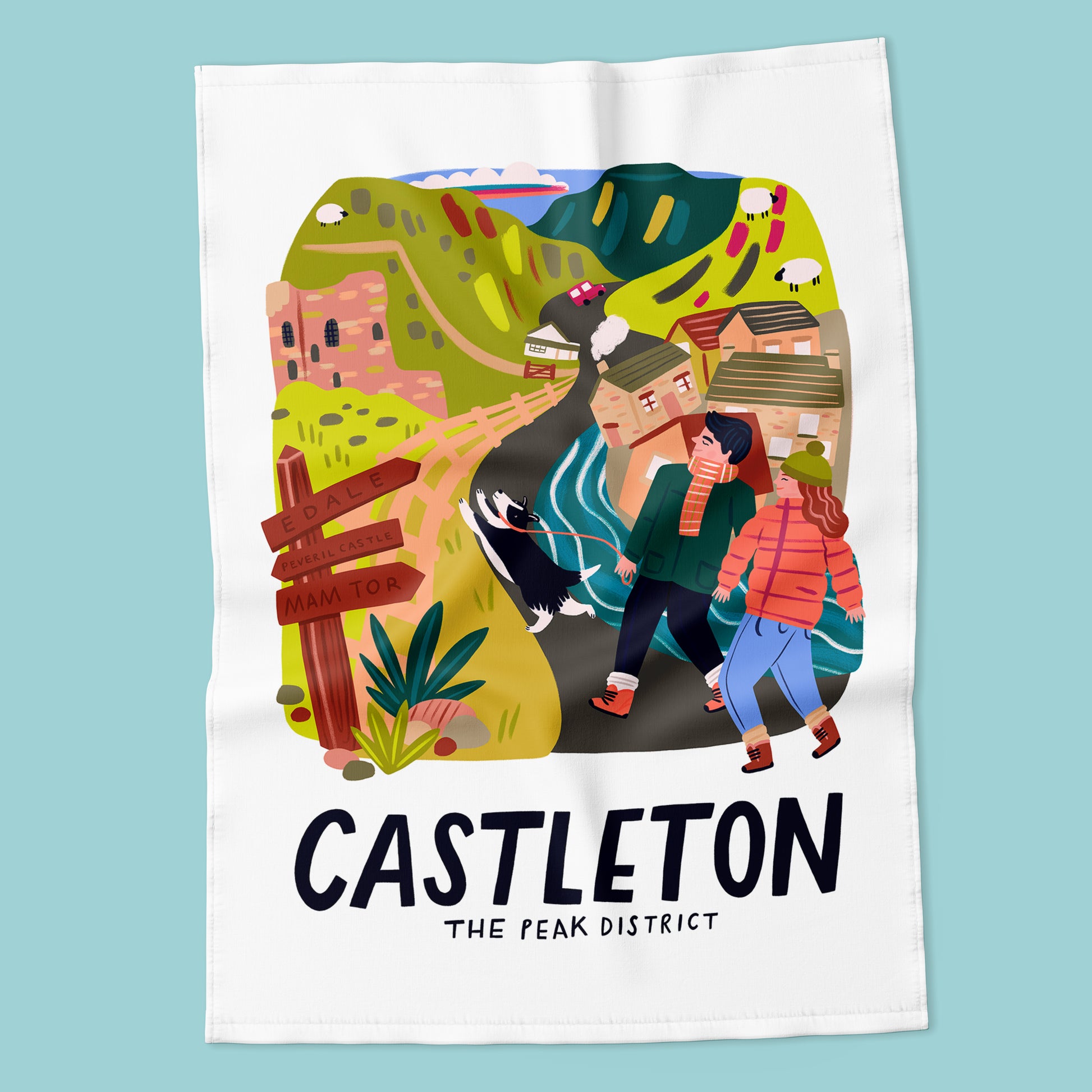 Tea towel with colorful illustration of people and landscape, featuring the text 'Castleton The Peak District'.