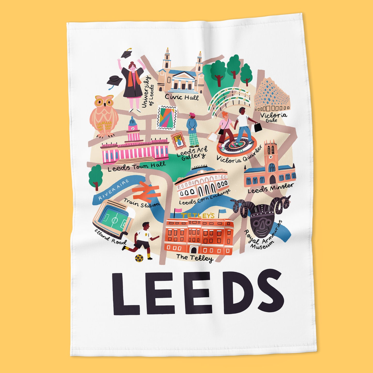 Tea towel with a colorful illustration of Leeds landmarks on a yellow background