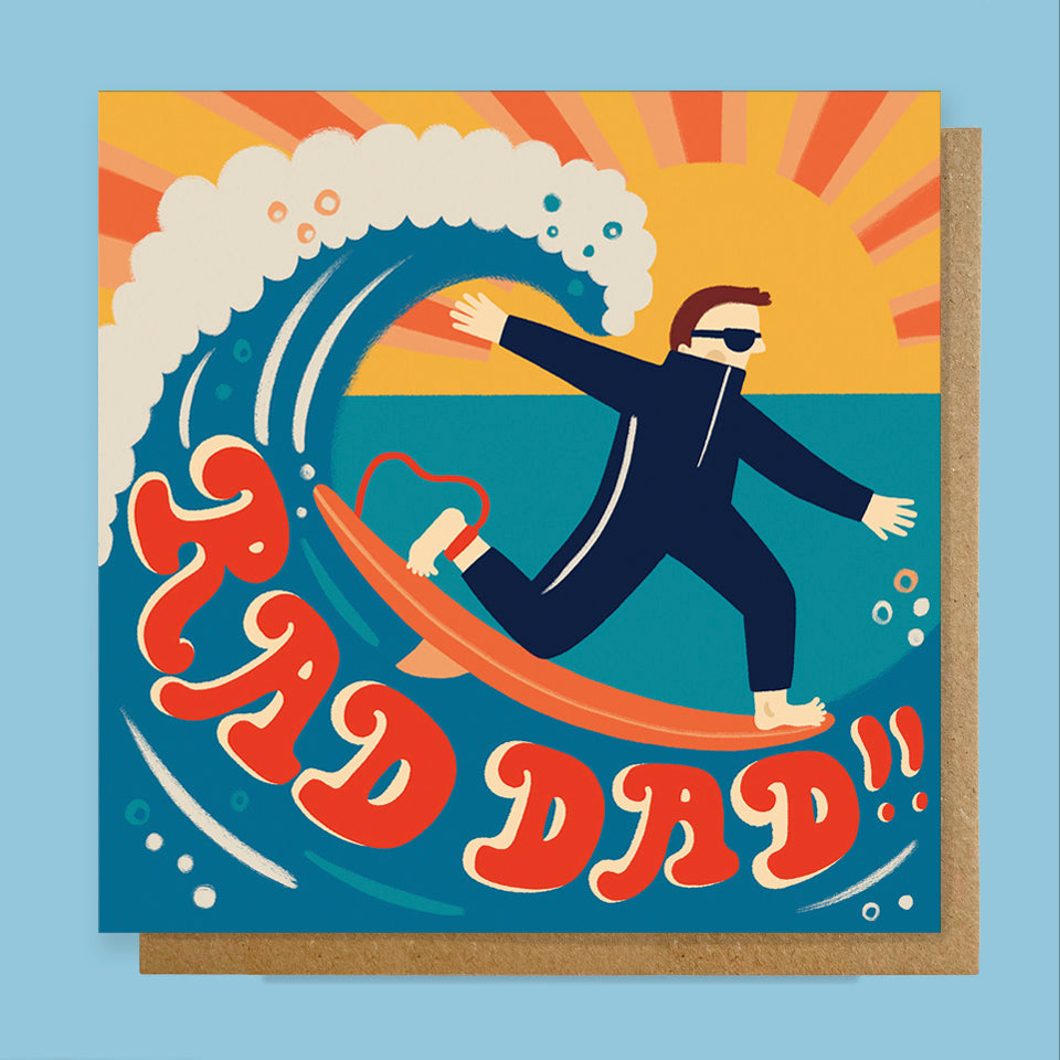 Card with a surfer design and 'Rad Dad' text on a blue background