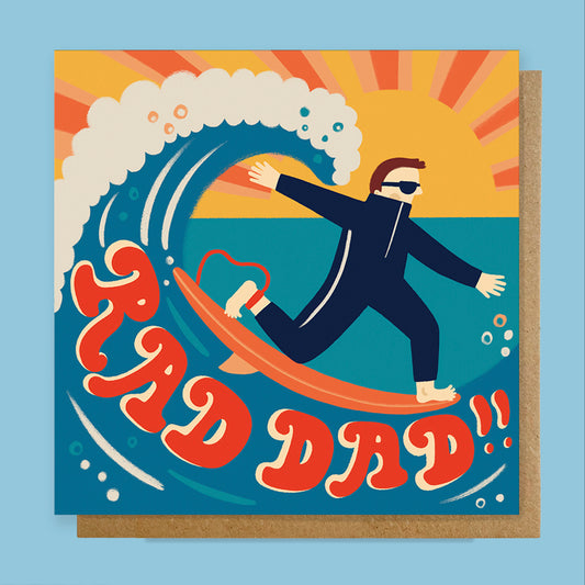 Card with a surfer design and 'Rad Dad' text on a blue background