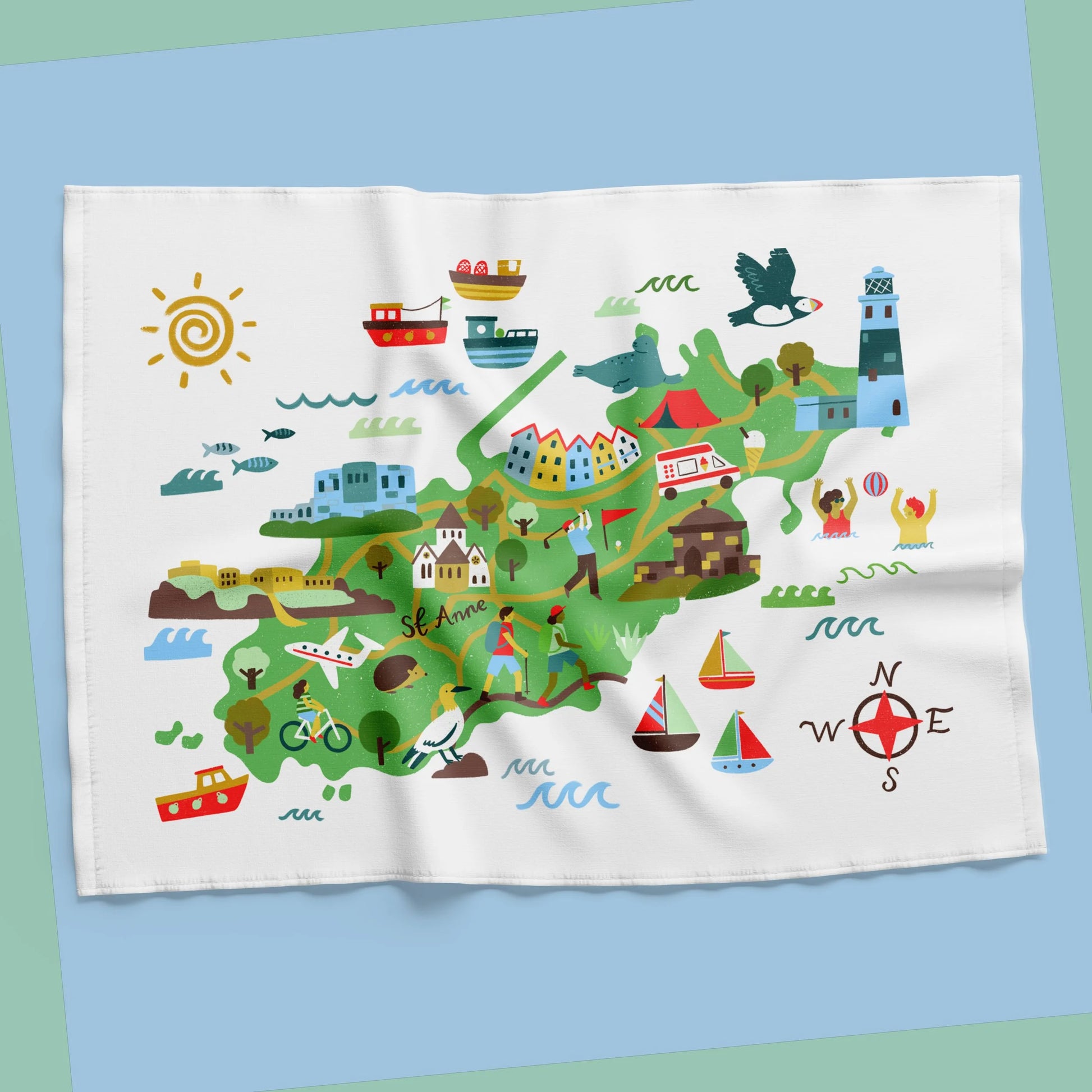 Colorful alderney map-themed towel on a gradient background