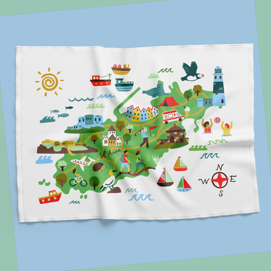 Colorful alderney map-themed towel on a gradient background