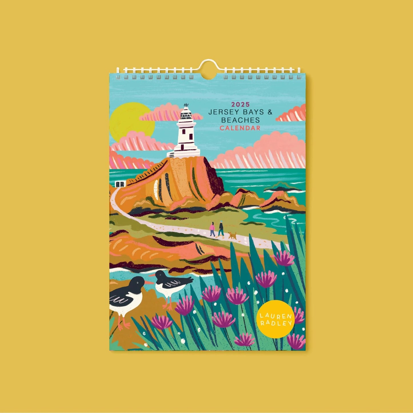 Calendar with a colorful illustration of corbiere lighthouse, beach, and birds on a yellow background by lauren radley