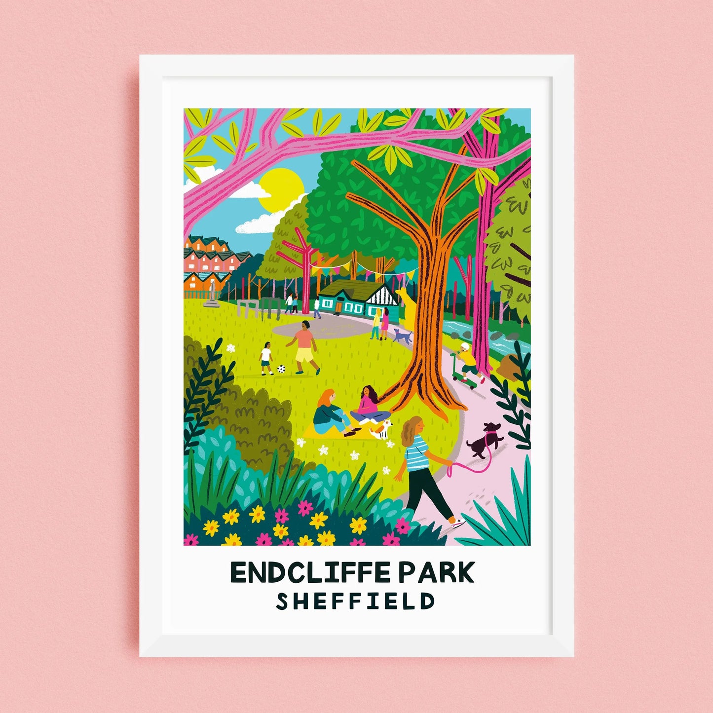 Illustration of Endcliffe Park, Sheffield on a pink background