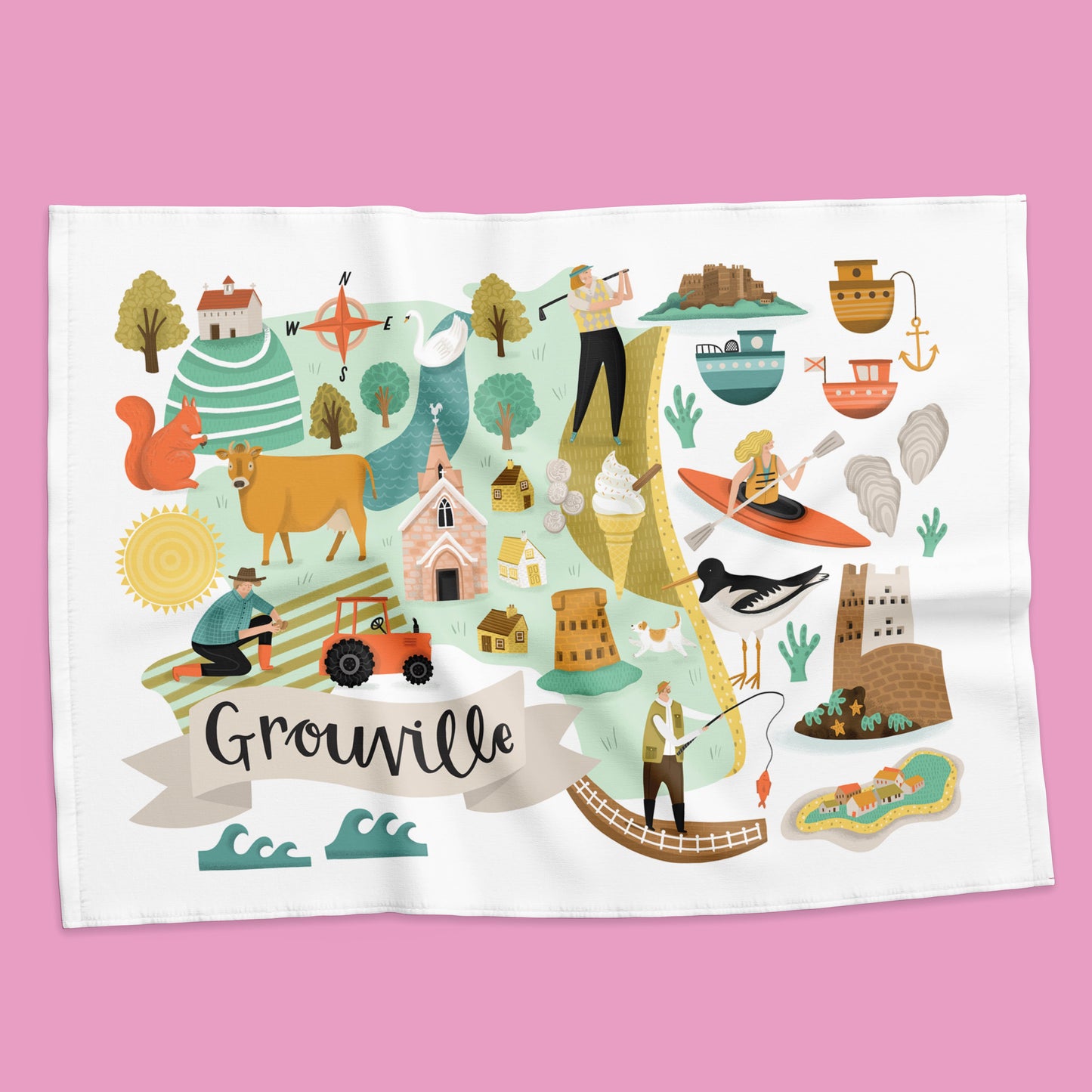 Grouville Map Tea Towel
