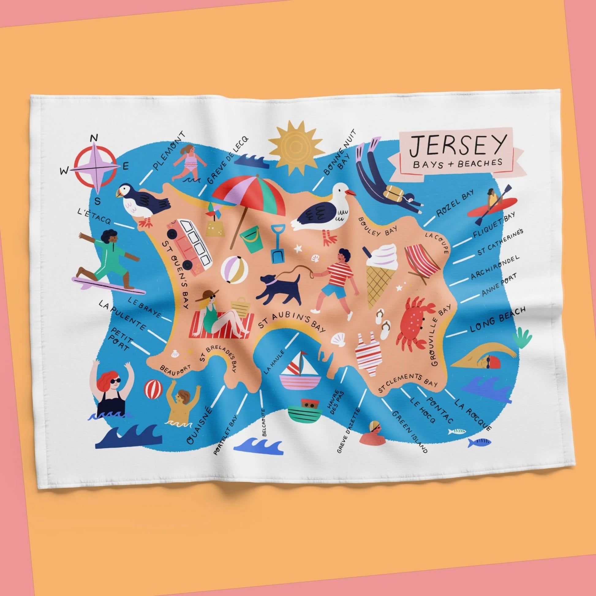 Jersey Bays & Beaches Map Tea Towel Lauren Radley