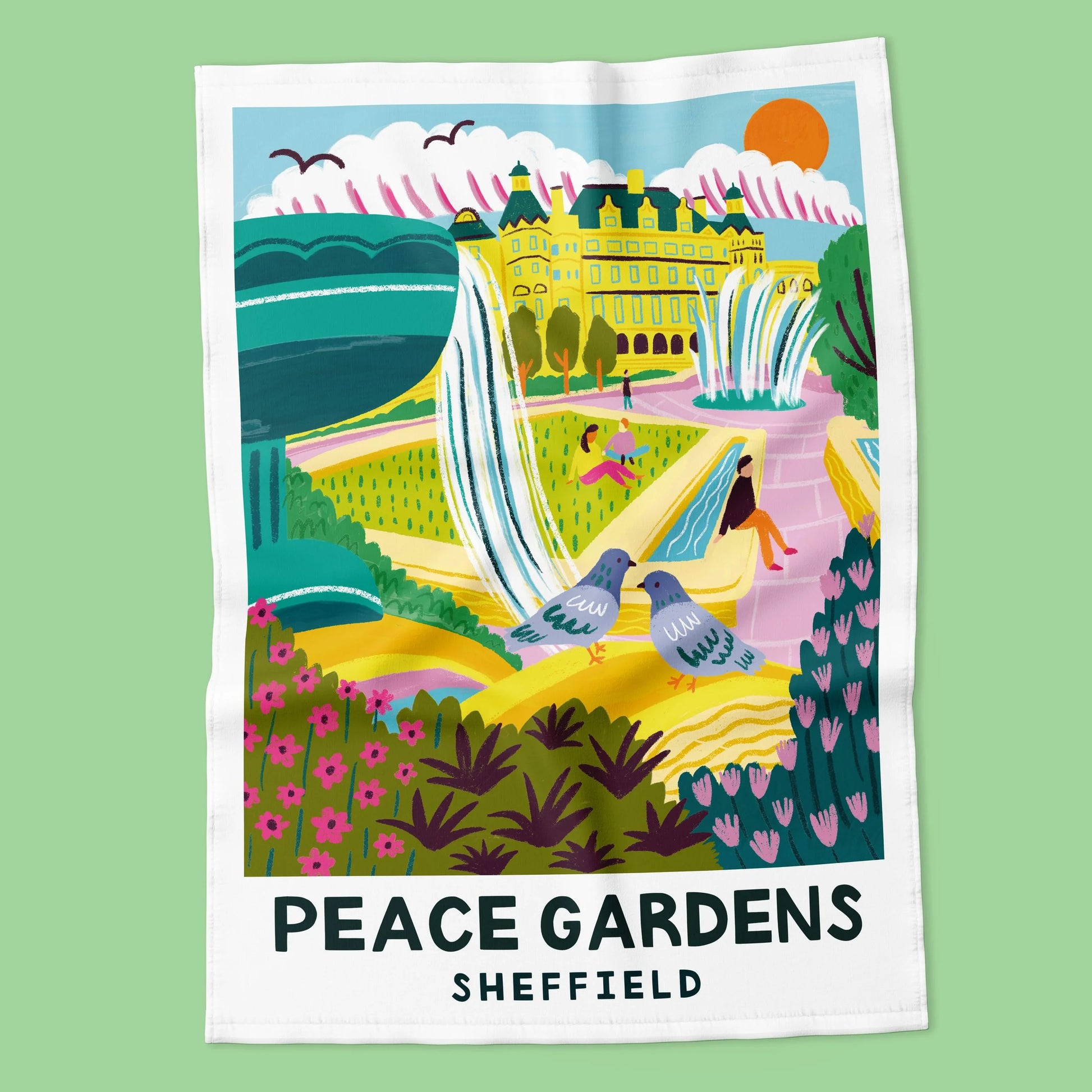Illustration of Peace Gardens, Sheffield with a castle-like building and people in a garden setting.