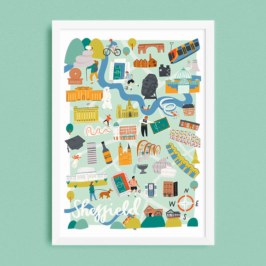 Illustrated map of Sheffield with various landmarks on a light green background