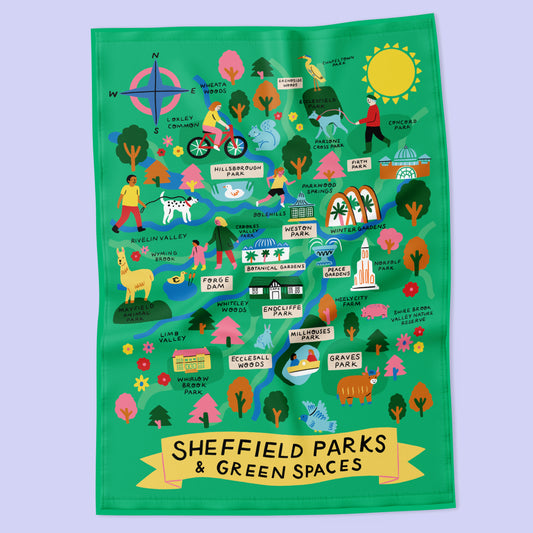 Colorful map of Sheffield parks and green spaces on a green background