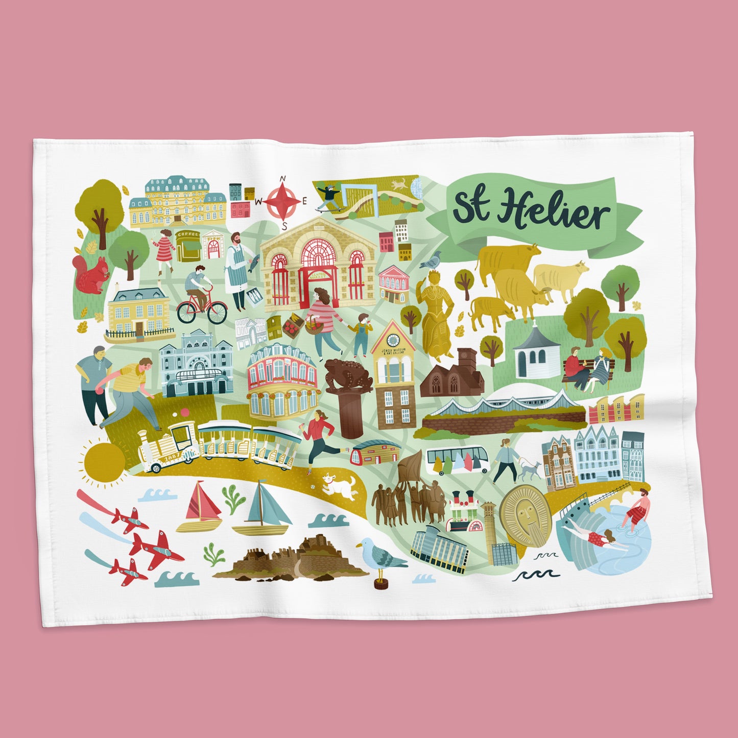 Tea towel with a colorful illustration of St Helier on a pink background