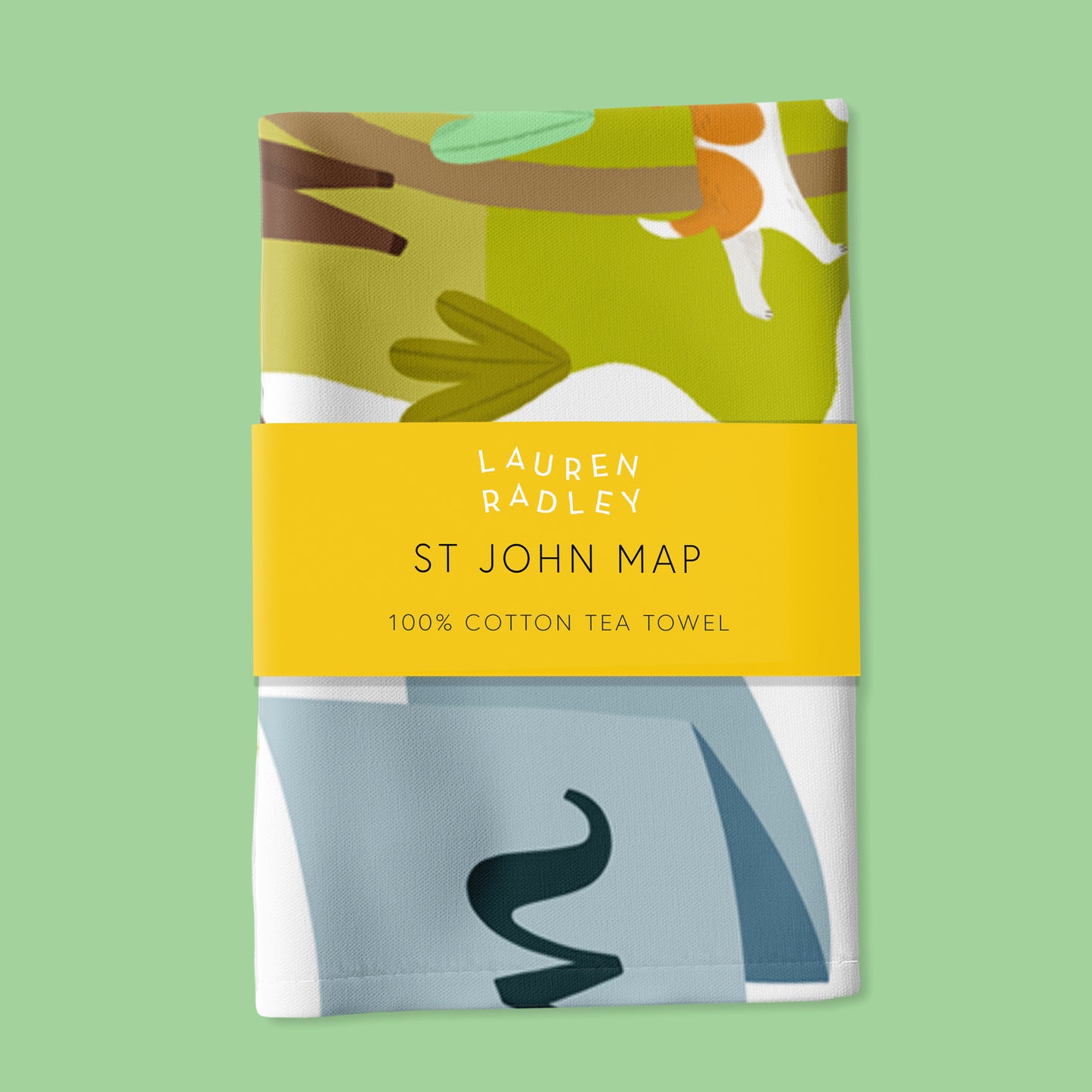 Lauren Radley St John Map tea towel packaging on a green background