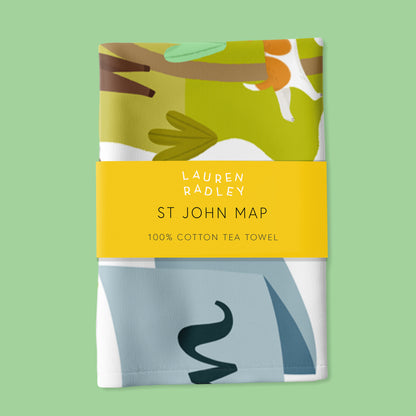 Lauren Radley St John Map tea towel packaging on a green background