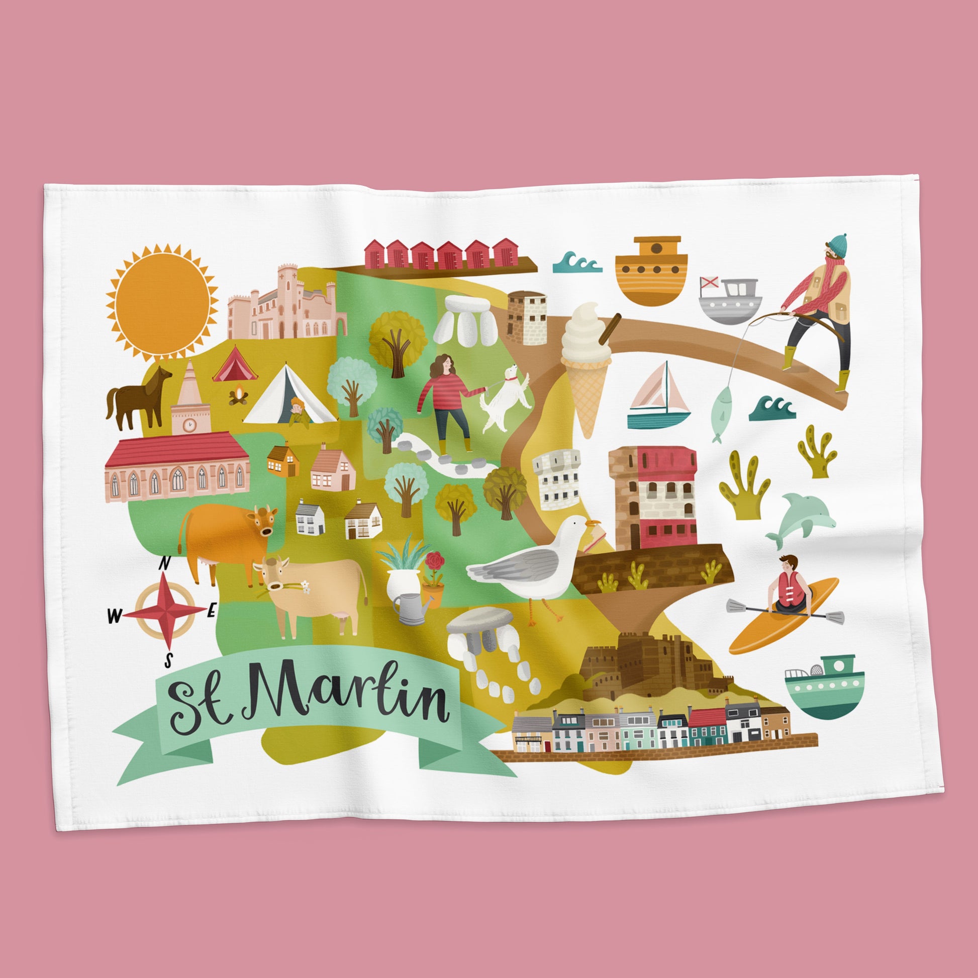 Colorful map of St. Martin on a white towel with a pink background