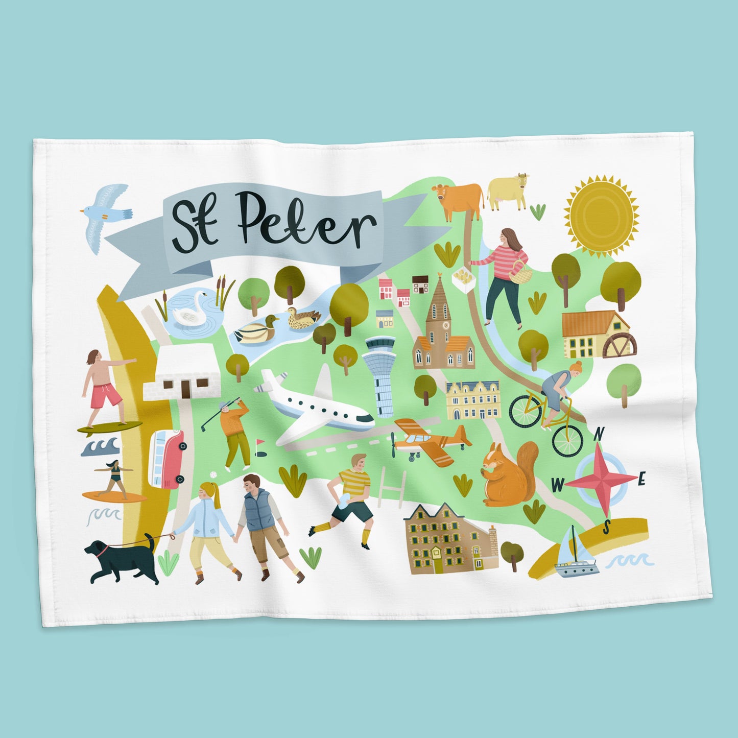 Map-themed towel with illustrations and 'St. Peter' text on a blue background
