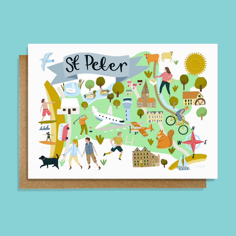 Illustrated map of St Peter with various icons and people on a blue background