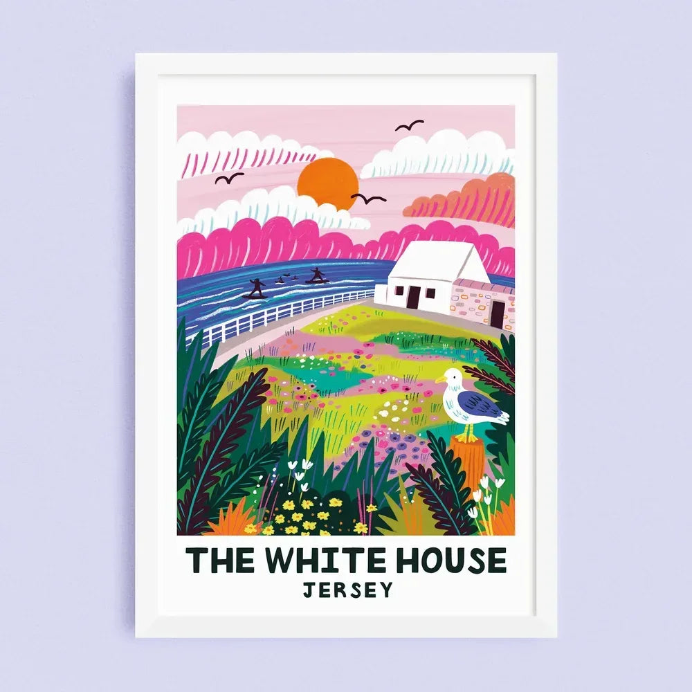 Illustrated print of The White House Jersey landmark in colorful playful style
