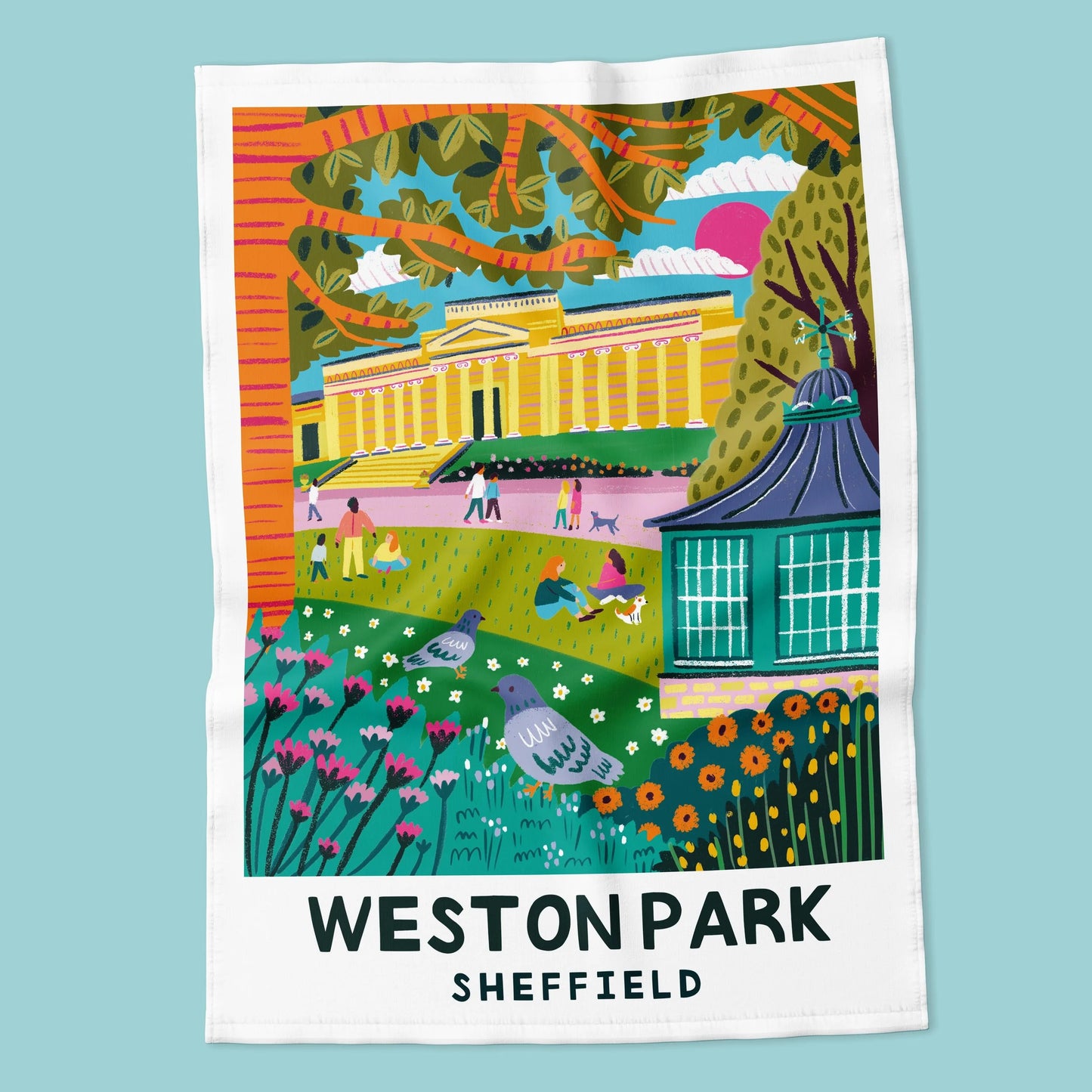 Tea towel with a colorful illustration of Weston Park, Sheffield on a light blue background