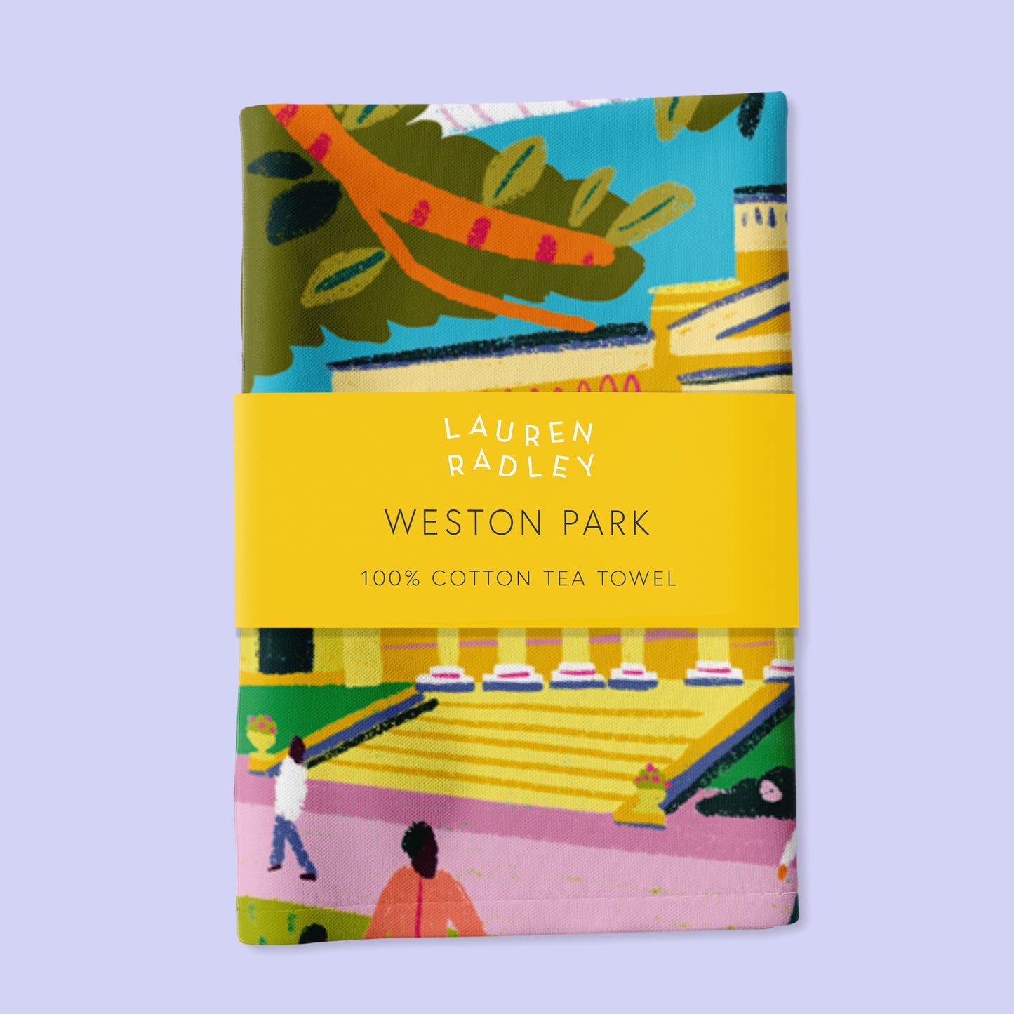 Lauren Radley Weston Park tea towel with colorful design on a light purple background