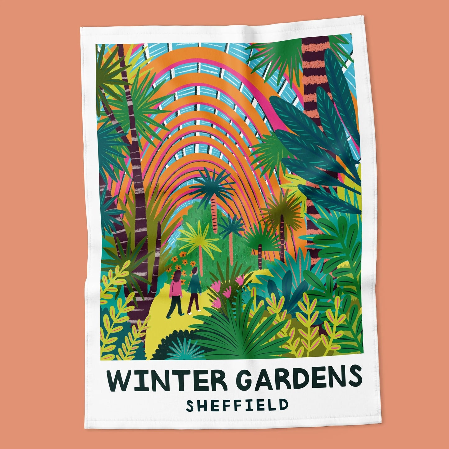 Colorful poster of 'Winter Gardens Sheffield' with tropical design on a peach background