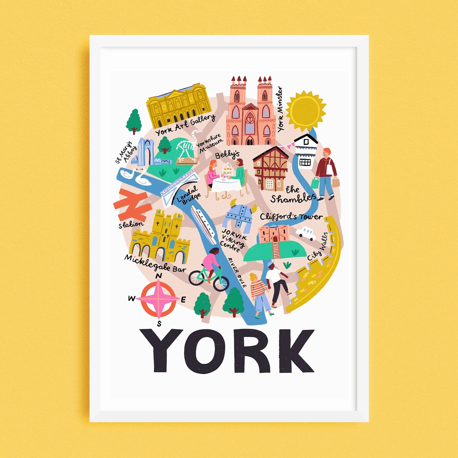 Illustrated map of York with landmarks on a yellow background
