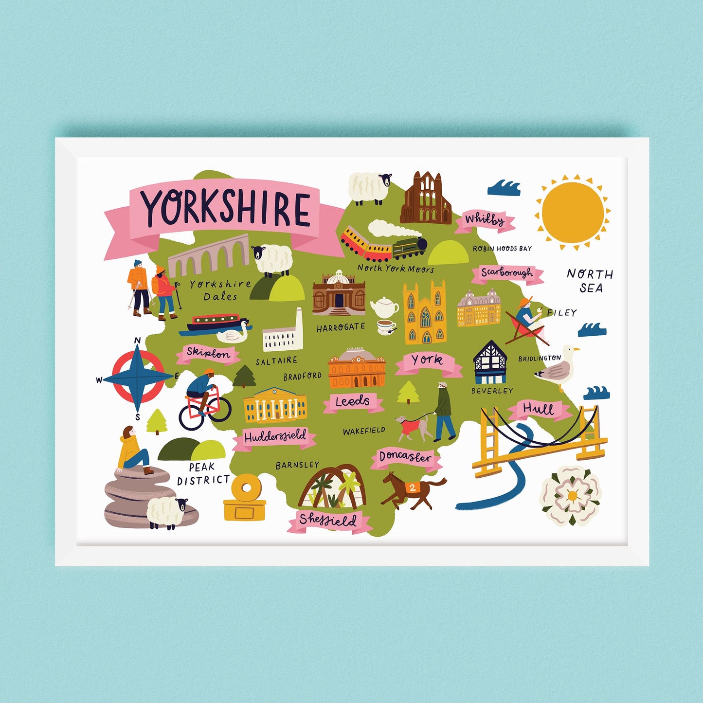 Illustrated map of Yorkshire with various landmarks and attractions on a light blue background.