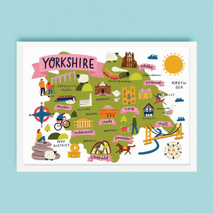 Illustrated map of Yorkshire with various landmarks and attractions on a light blue background.